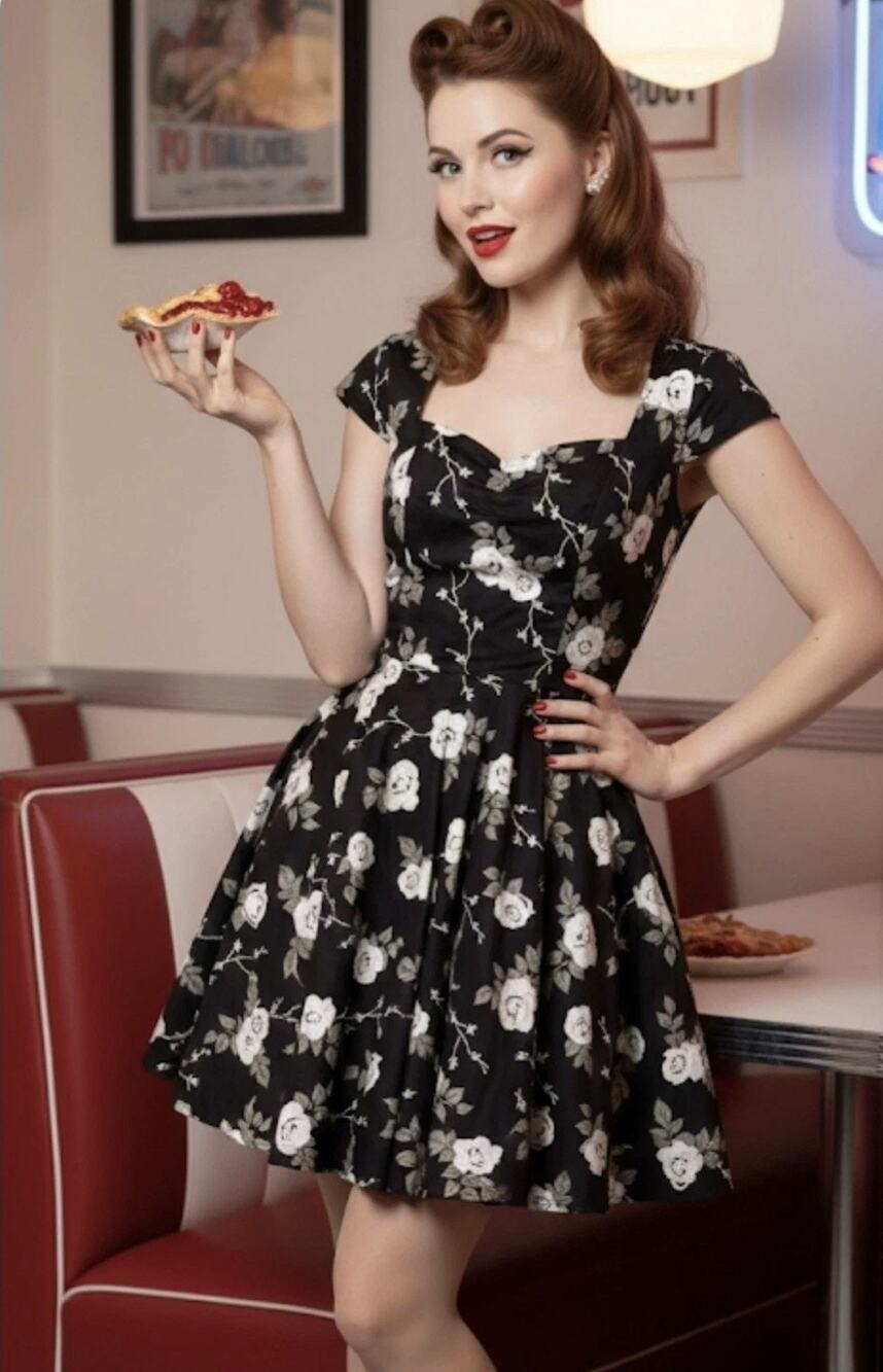 Hell Bunny Vixen Dress Women's S Black White Rose Sweetheart Pinup Rockabilly